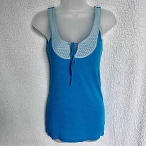 EUC rare Free People ribbed turquoise tank top, lace & tie detail